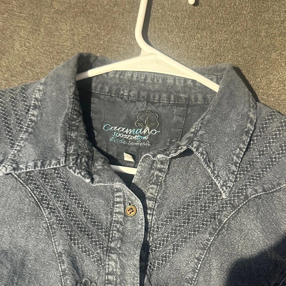 Large 100% Cotton Blue Denim Button-Up Shirt Boho tribal vibes super cute - Picture 12 of 17